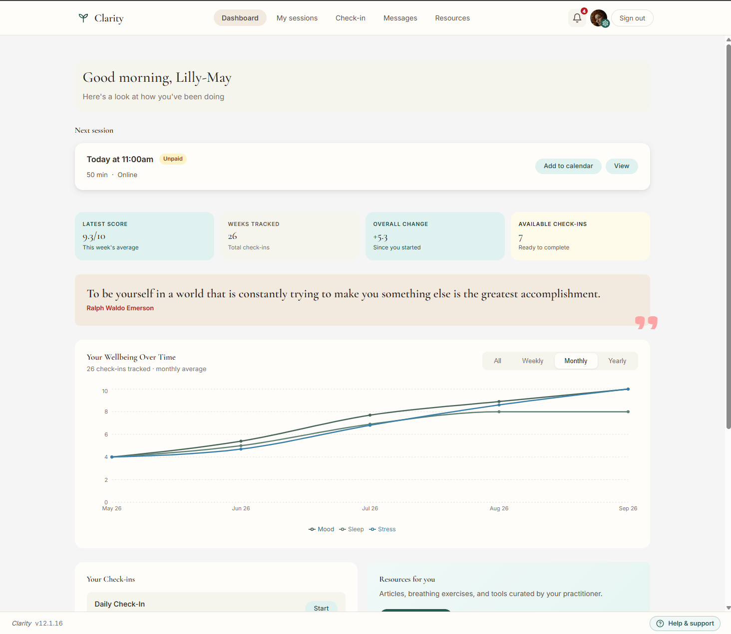 Clarity dashboard showing the next session, wellbeing scores and progress chart